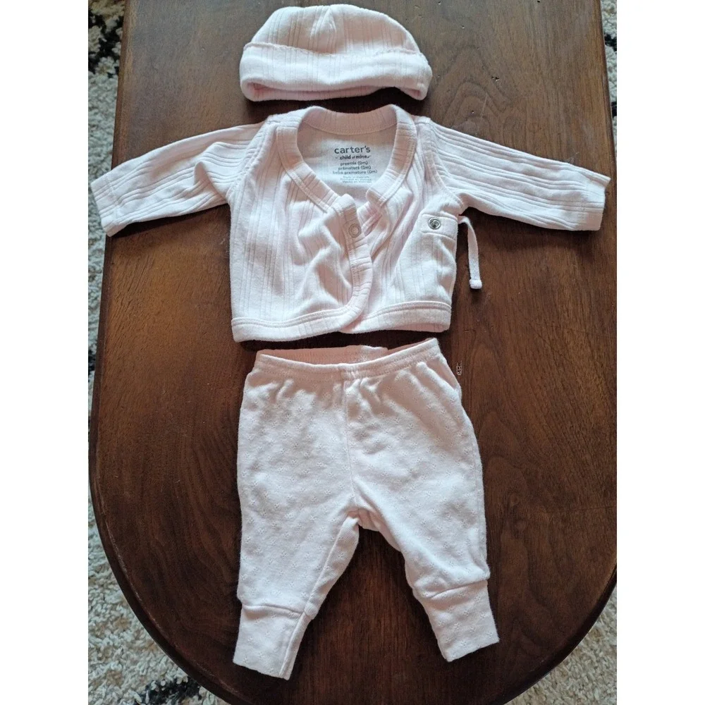 Carters Child of Mine Preemie 3pc SetPink Ribbed Side Snap TopPants Hat 1U818710